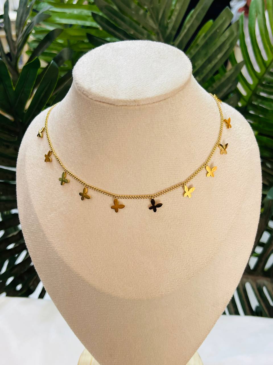 Multi-Charm Gold-Toned Butterfly Choker Necklace with Dangles