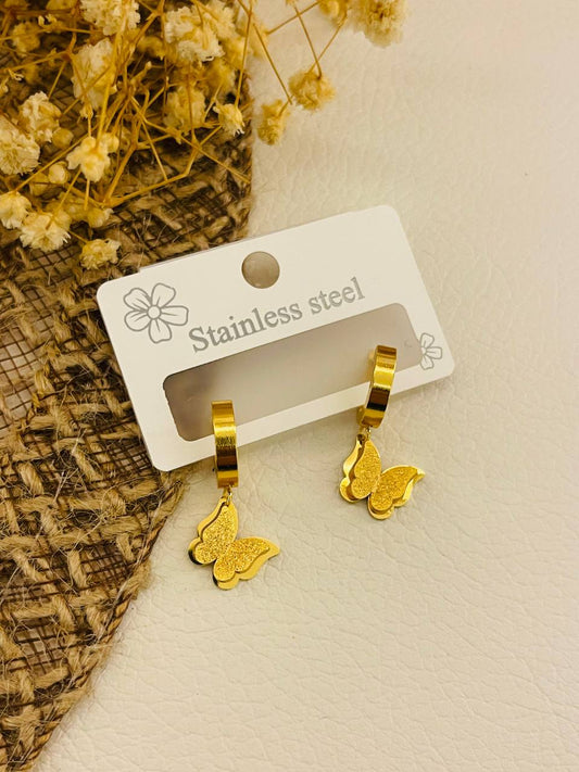 Gold-Tone Stainless Steel Butterfly Drop Hoop Earrings